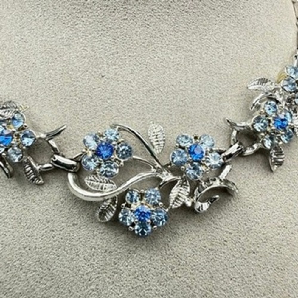 Vintage Blue Rhinestone Choker Necklace Silver Tone MCM 13" - 17"